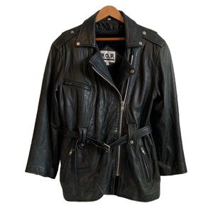 Vintage Black Belted Broken In Motorcycle Biker Genuine Leather Coat Size S